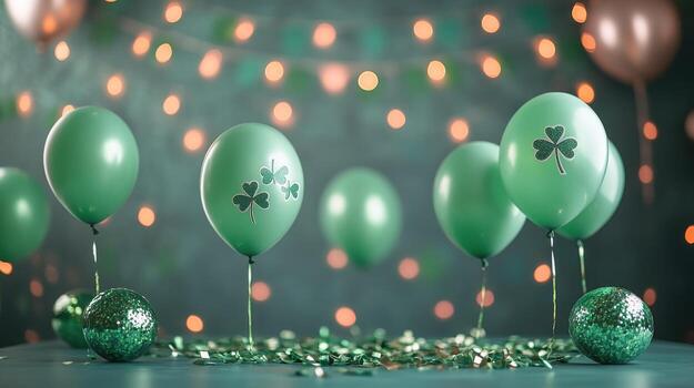 Festive green balloons with shamrocks in a lively cafe during photo