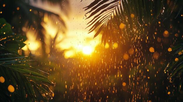 Sunlight filters through leaves after a rain shower creating a photo