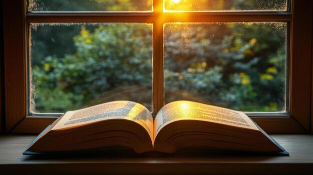 Morning sunlight illuminates an open book by a window surrounded photo