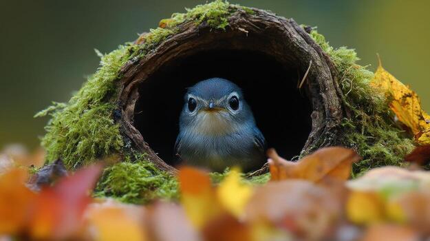 Bird nesting in tree trunk hole surrounded by green leaves during photo