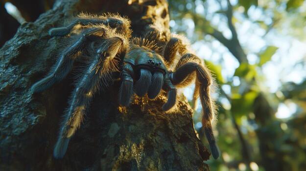 Close up of a tarantula resting on a tree trunk in a vibrant photo