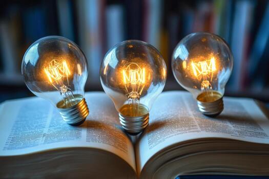 creativo Encendiendo arreglo en un abierto libro con brillante bombillas foto