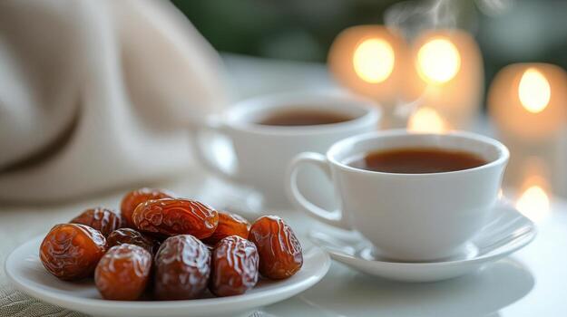 Traditional coffee served with dates in a dimly lit Middle photo