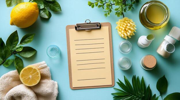 Decorated workspace with flowers and lemons inviting creativity photo