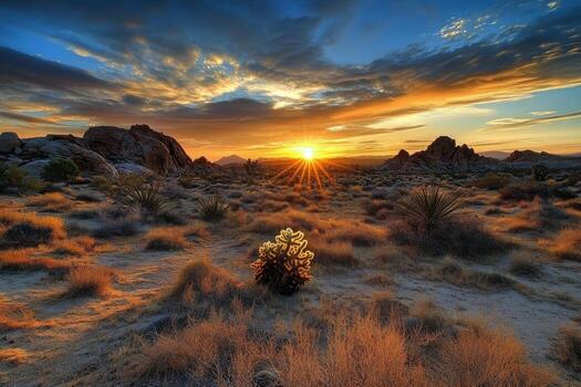 Sunset over rock formations in a desert landscape with photo