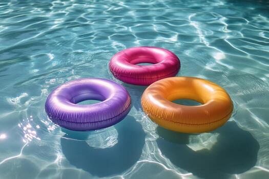 Colorful inflatable rings floating in a tranquil swimming pool on photo