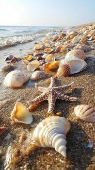 Seashells and starfish on a sandy beach with gentle waves at photo