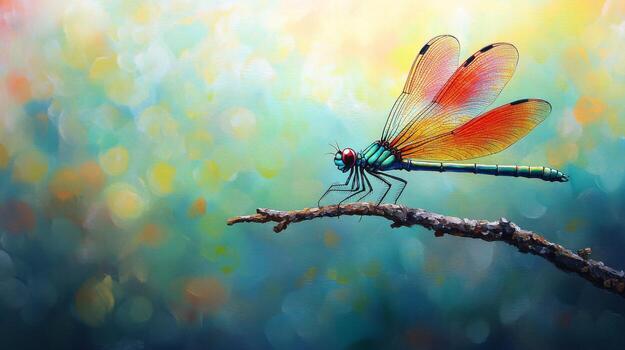 vistoso libélula descansando en un Delgado rama en un lozano verde foto