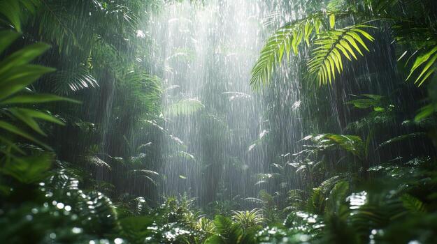 Lush green rainforest with rain falling and mist rising in the photo