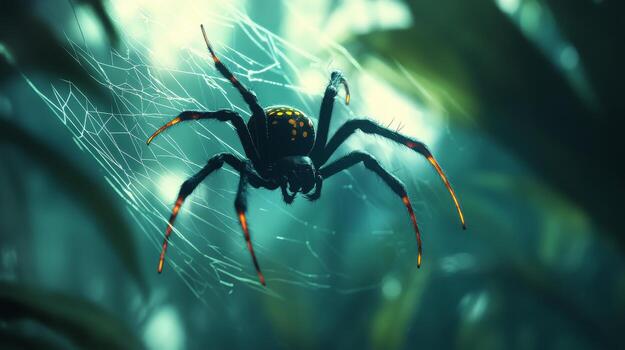 Spider spinning web in a lush tropical rainforest with raindrops photo