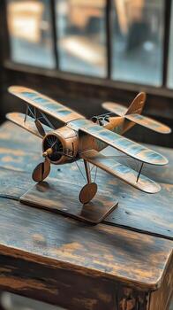 Wooden airplane model displayed on a rustic table near a window in a cozy room photo
