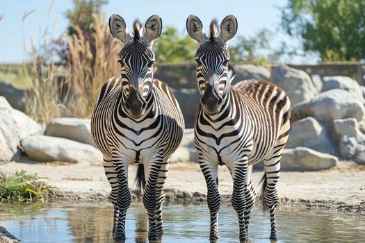 Two zebras standing near water on a sunny day in a natural habitat setting photo
