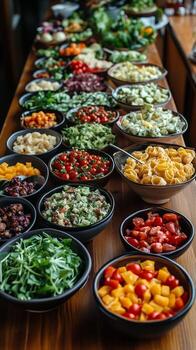 Colorful array of fresh ingredients on a wooden table for a healthy meal preparation photo