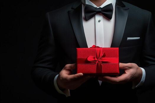 Man in tuxedo holds a red gift box with a bow in a dark setting photo