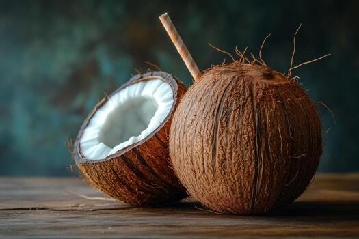 Coconuts Split Open on Wooden Table With Straw Ready for photo