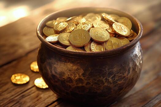 dorado monedas Desbordamiento en un decorativo maceta creando un atractivo foto