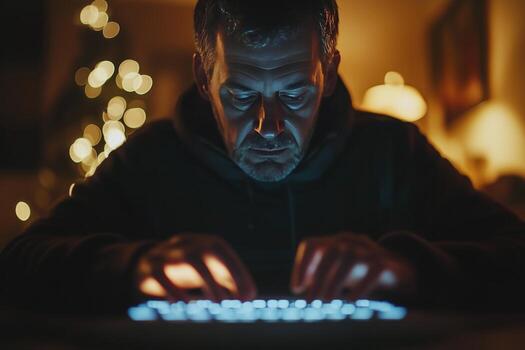 Focused man working late at night on laptop with ambient lights glowing softly in the background photo