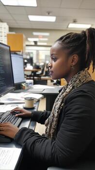 mujer trabajando a un computadora escritorio en un moderno oficina ajuste en el tarde foto