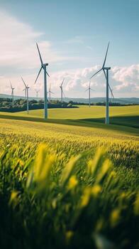 Wind Turbines Generate Renewable Energy in a Sunny Green photo