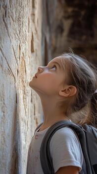 Child Gazing up at a Stone Wall in an Ancient Structure During Daylight Exploration photo