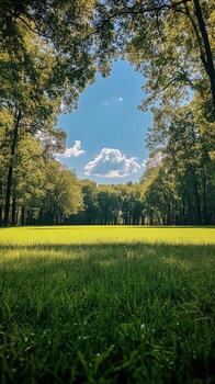 Lush Green Meadow Surrounded by Trees on a Sunny Day in a Serene Park photo