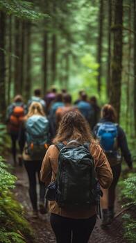 grupo de caminantes explorador un lozano selva sendero en el tarde luz de sol foto