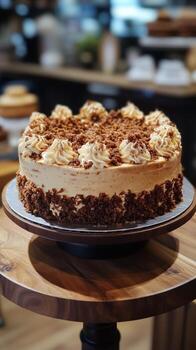 Delicious Creamy Cake With Crumb Topping Displayed on Wooden Stand in Cafe Setting photo