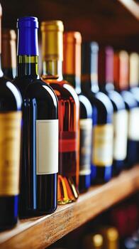 Selection of Various Wine Bottles on Display in a Well-Lit Bar at Evening Time photo