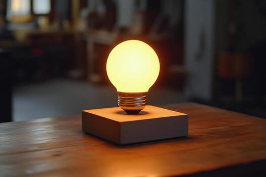 un ligero bulbo es sentado en parte superior de un de madera bloquear foto