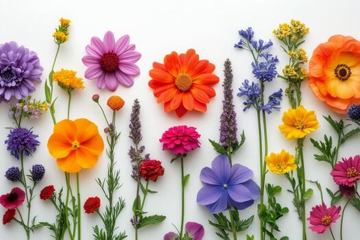 Colorful Array of Fresh Flowers Arranged on a Light Background Showcasing Spring Beauty and Variety photo