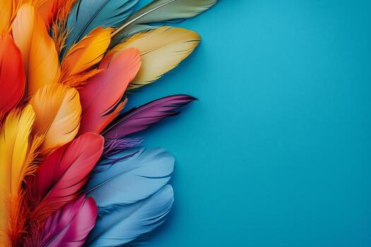 Vibrant Assortment of Colorful Feathers Arranged on a Bright Turquoise Background photo