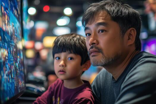 Father and Son Enjoying Gaming Experience at an Arcade During Evening Hours photo