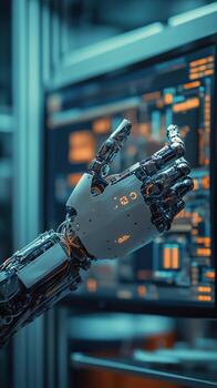 Human and Robotic Hand Interaction in a Futuristic Workspace During Evening Hours photo