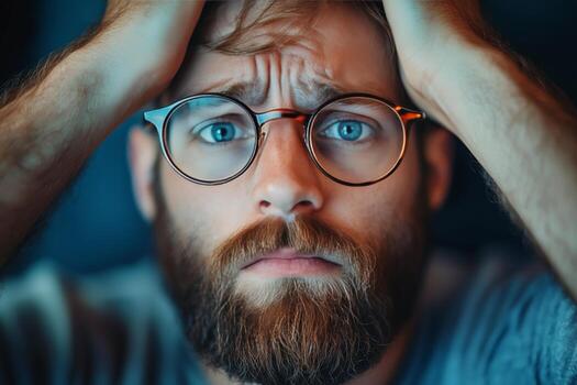Man With Glasses Showing Concern While Resting Head on Hand Inside a Dimly Lit Room photo