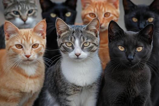 Four Cats of Different Colors Gazing Intently at a Distant Point in an Outdoor Setting photo