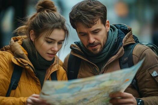 romántico Pareja explorador ciudad con un mapa en un frío día foto