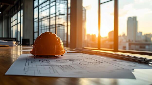 construcción casco descansando en planos en un moderno oficina espacio durante luz horas foto