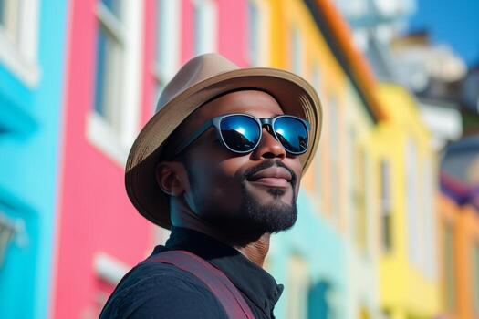 Vibrant City Exploration With a Man in Sunglasses and a Straw Hat Enjoying Colorful Architecture photo