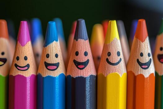 Colorful Smiling Crayons Lined up in a Cheerful Arrangement on a Sunny Table photo