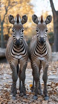 Two Zebras Standing Side by Side in a Serene Environment Surrounded by Autumn Leaves photo