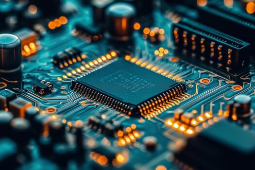 Close-up View of a Computer Chip on a Circuit Board With Glowing Connections and Intricate Details photo