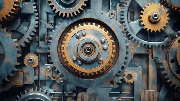 Close-up View of Intricate Metallic Gears in Various Sizes Reflecting Ambient Light in a Workshop photo
