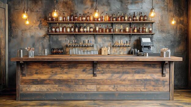 Rustic Wooden Bar Counter in a Cozy Ambient Setting With Hanging Lights and Well-Stocked Shelves photo