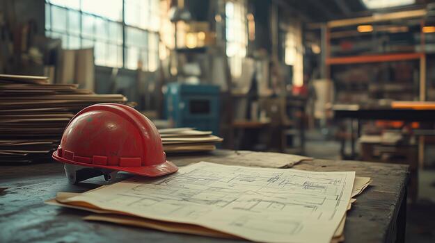 Construction Plans and Safety Helmet on a Workbench in a Busy Workshop During Daylight Hours photo