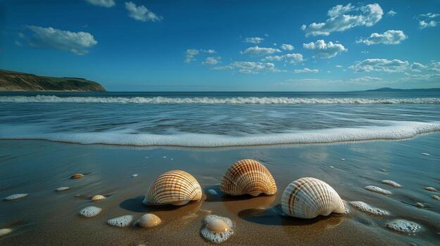 Shells Resting on Sandy Beach During Sunset Near Calm Ocean Waves in Tranquil Coastal Location photo
