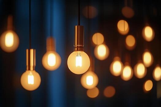calentar resplandor de colgando ligero bombillas en un moderno interior ajuste durante noche horas foto