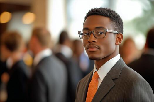 Young Professional in Suit and Glasses Attending Networking Event in a Modern Setting photo