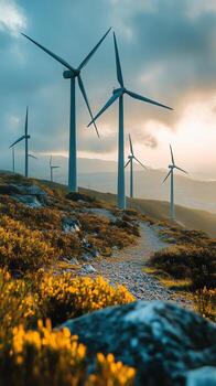 Wind Turbines Stand Tall Along a Scenic Pathway Through Golden Grass in a Hilly Landscape photo