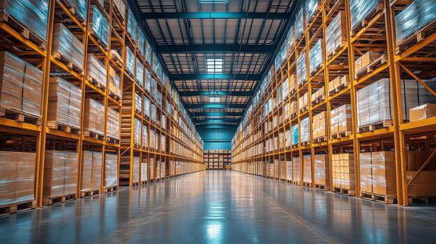 Large Warehouse Interior Filled With Stacked Pallets and Boxes During Daytime Operations photo
