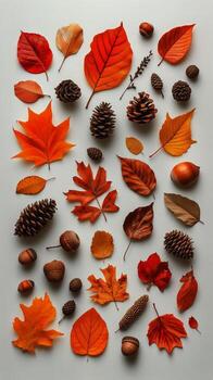 vistoso otoño hojas y piñas arreglado en un ligero antecedentes en un creativo diseño foto